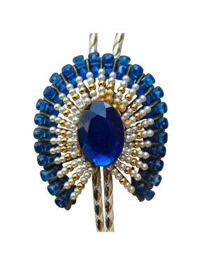 Vintage Blue Gold Beaded Bolo Tie Large Gem Centerpiece Western Necklace Tie